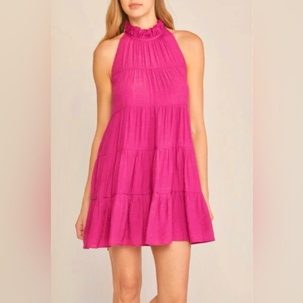 Vici Pink Tired Halter Mini Dress High Neck Swing  Summer Cocktail size Small
